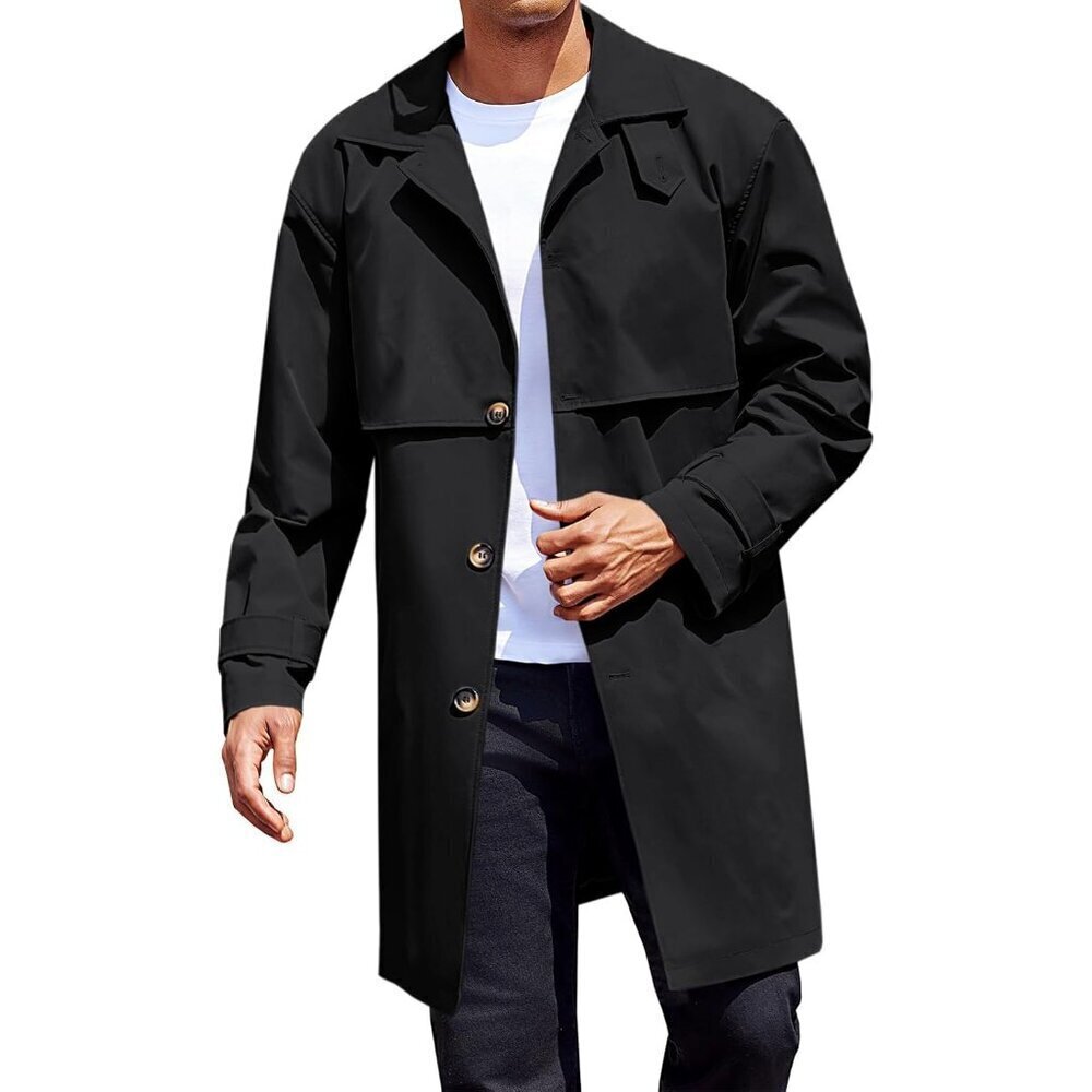 Mens Black  Breasted Slim Fit  Long Jackets Casual Fall Windbreak Trench Coat